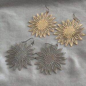 Set of 2 — Gold & Silver Sunflower Cutout Dangle Earrings | Lightweight Floral